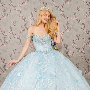 New Off Shoulder Mesh Layered Ball Gown w/ Floral Applique & Lace Up Back GL3183